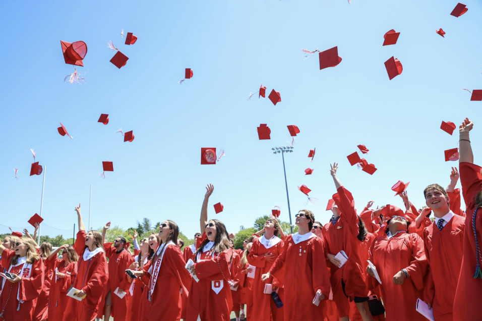 Graduates of the Class of 2024 throw their graduation caps in celebration.
